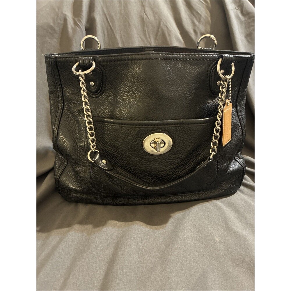 Coach 24081 Pebble Leather Medium Silver Chain Tote Shoulder Bag Poppy